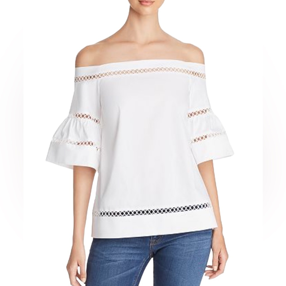 Michael Kors Embroidered White Off the Shoulder Blouse with Eyelet Detail